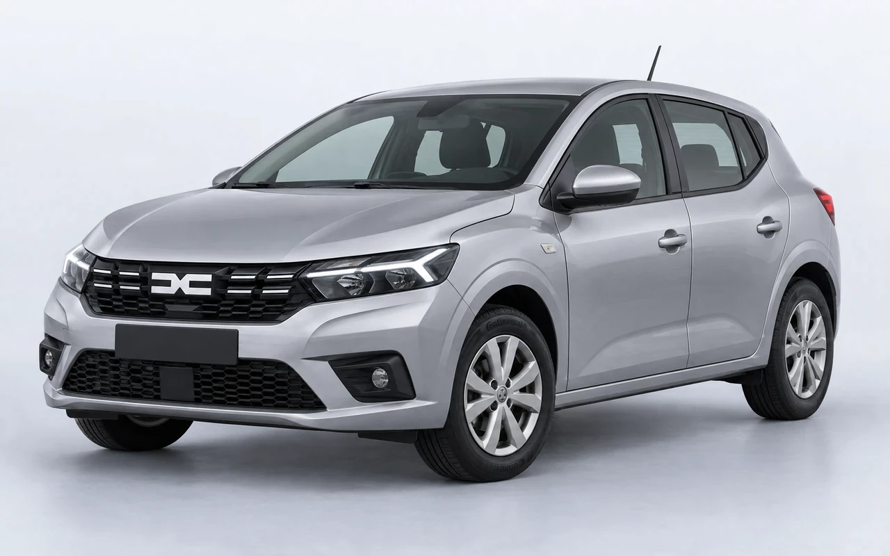 AI-genereret illustration af en sølvgrå Dacia Sandero, set skråt forfra.