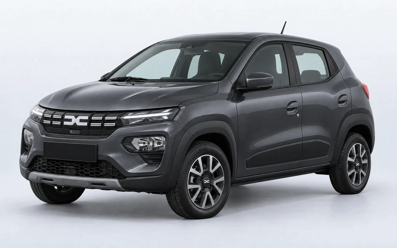 AI-genereret illustration af en mørkegrå Dacia Spring, set skråt forfra.