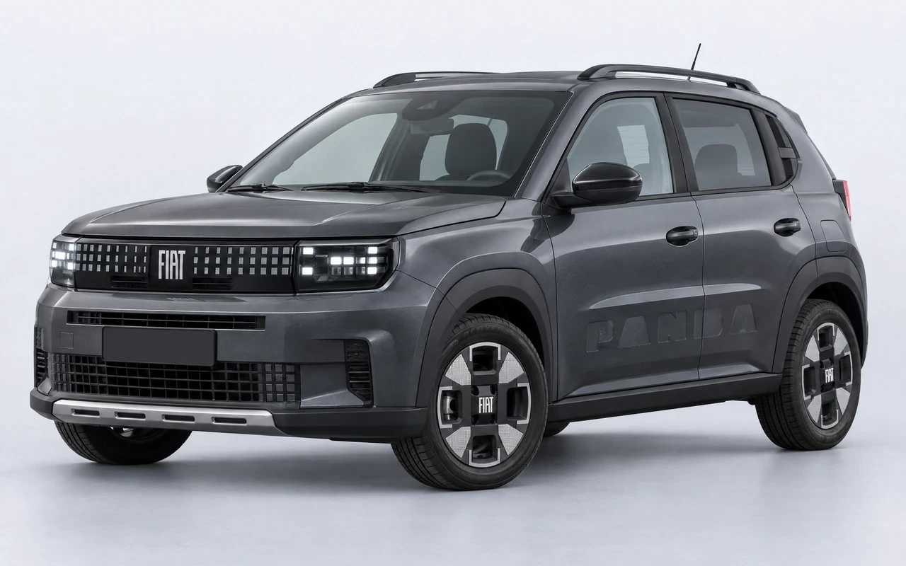 AI-genereret illustration af en mørkegrå Fiat Grande Panda, set skråt forfra.