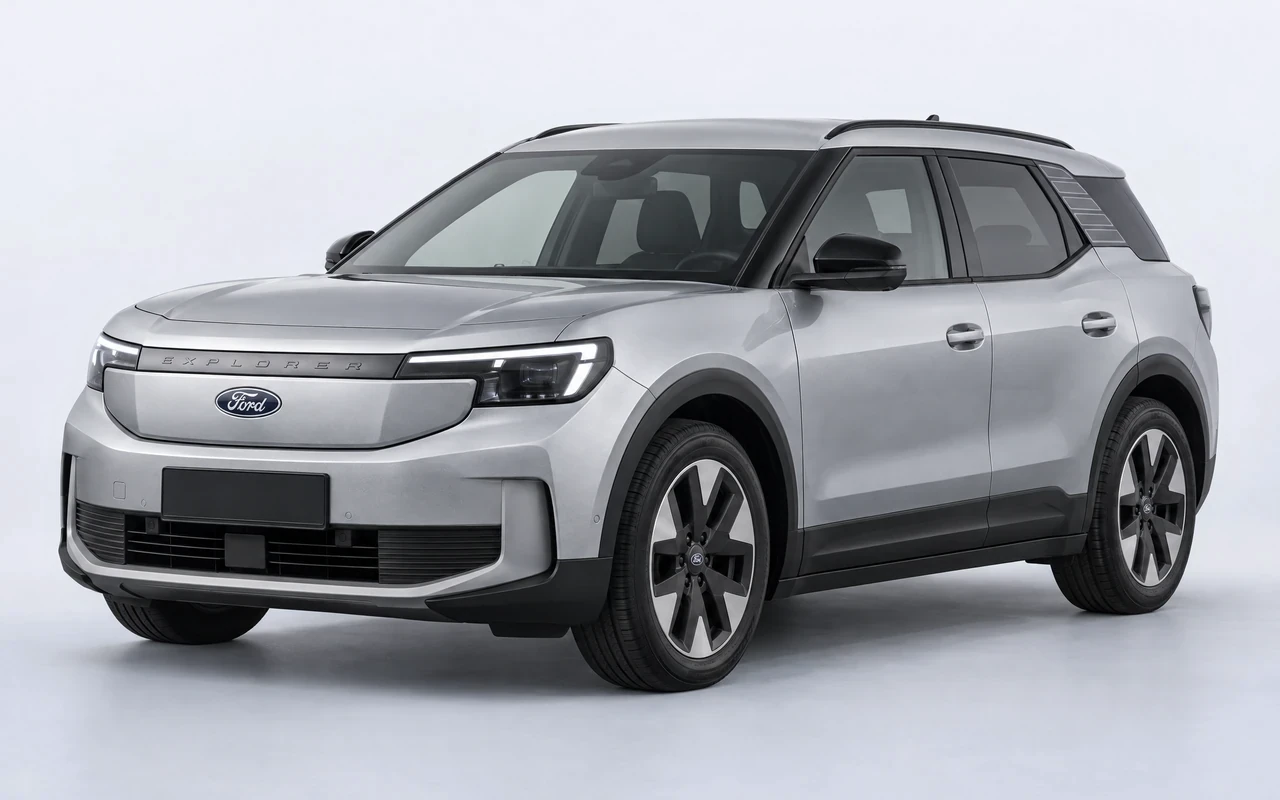 AI-genereret illustration af en sølvgrå Ford Explorer EV, set skråt forfra.
