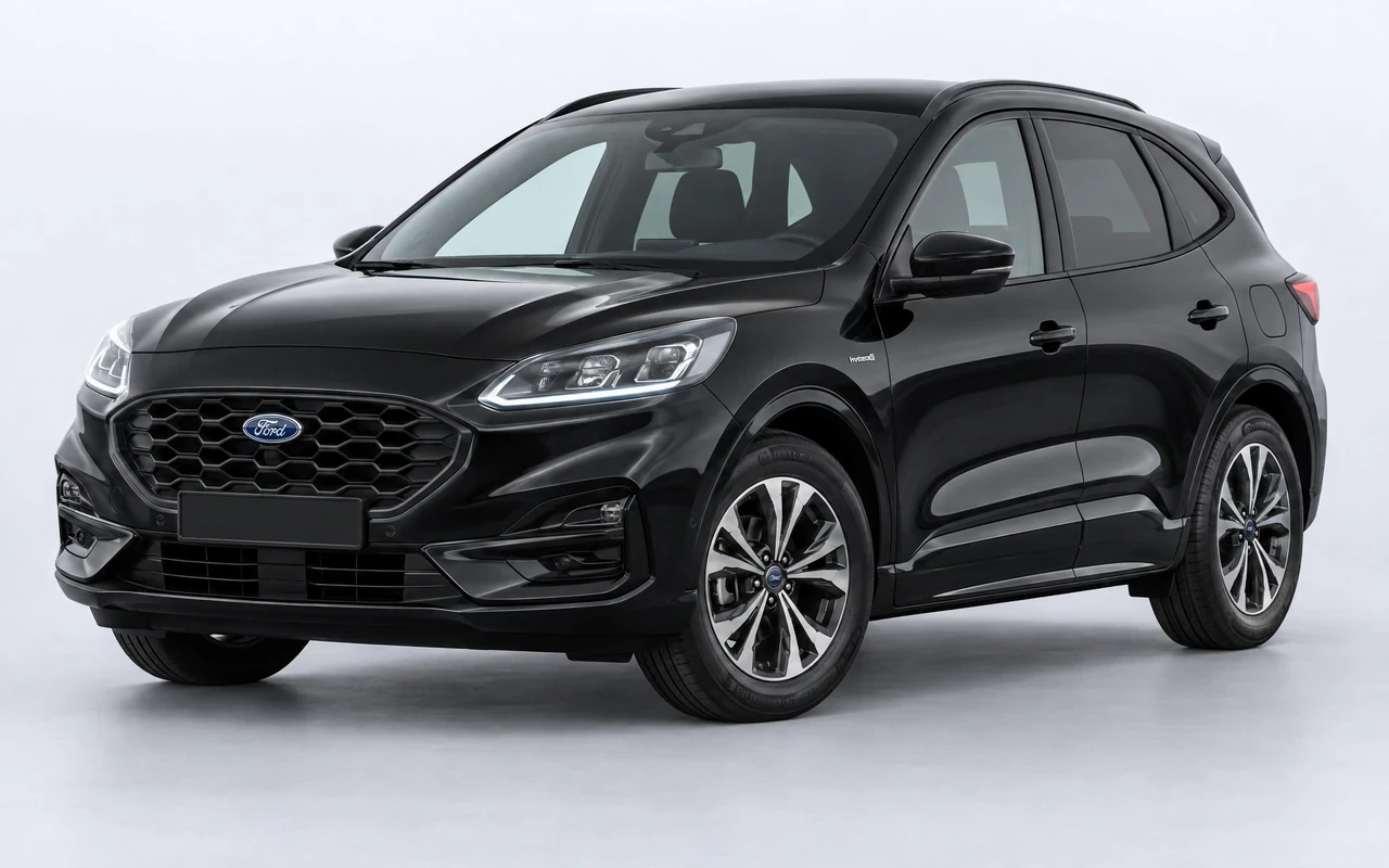 AI-genereret illustration af en sort Ford Kuga Hybrid, set skråt forfra.