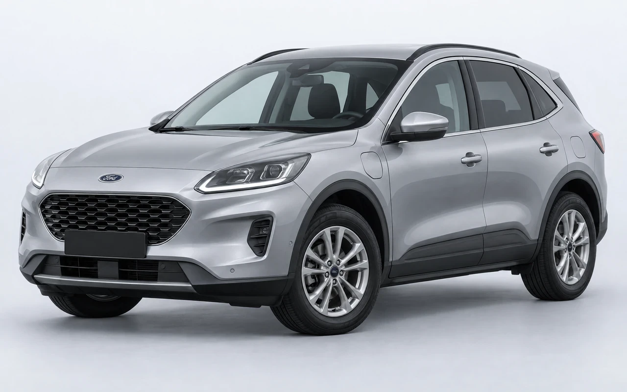 AI-genereret illustration af en sølvgrå Ford Kuga PHEV, set skråt forfra.