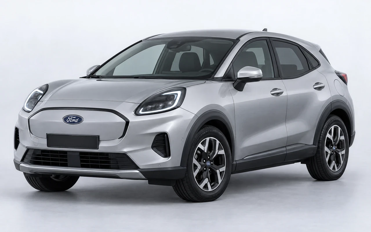 AI-genereret illustration af en sølvgrå Ford Puma Gen-E, set skråt forfra.