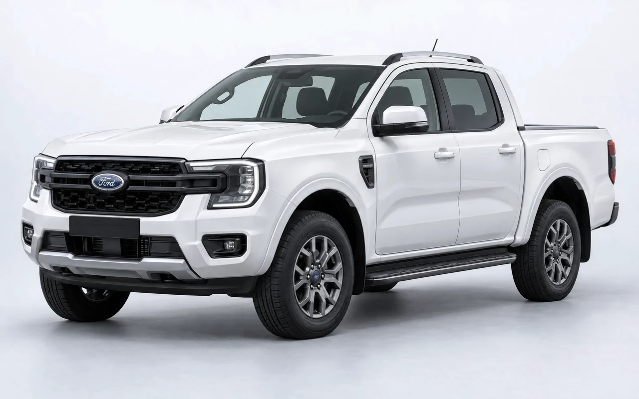 AI-genereret illustration af en hvid Ford Ranger, set skråt forfra.