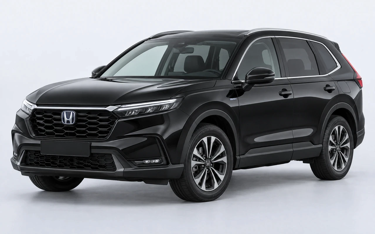 AI-genereret illustration af en sort Honda CR-V Hybrid, set skråt forfra.