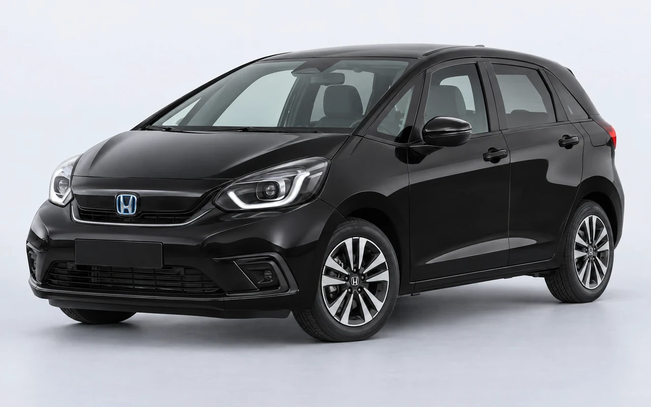 AI-genereret illustration af en sort Honda Jazz e:HEV, set skråt forfra.