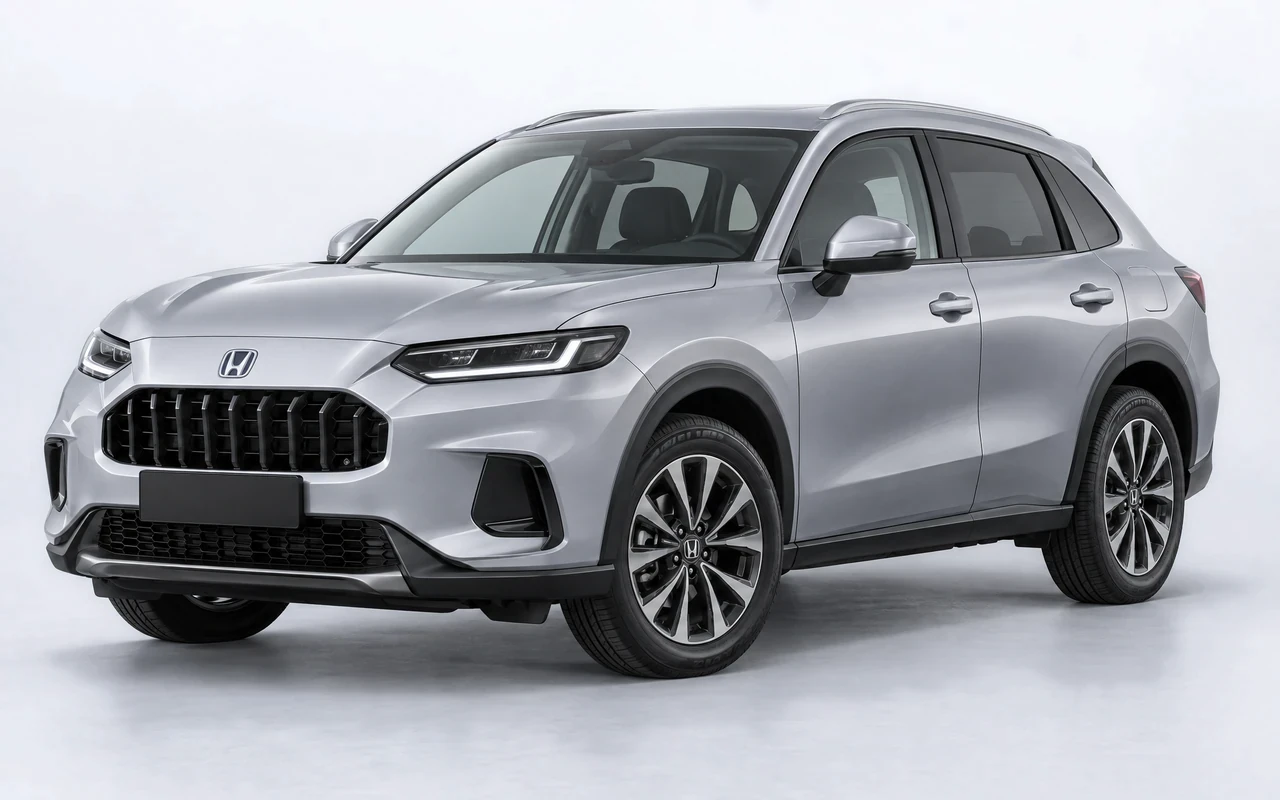 AI-genereret illustration af en sølvgrå Honda ZR-V e:HEV, set skråt forfra.
