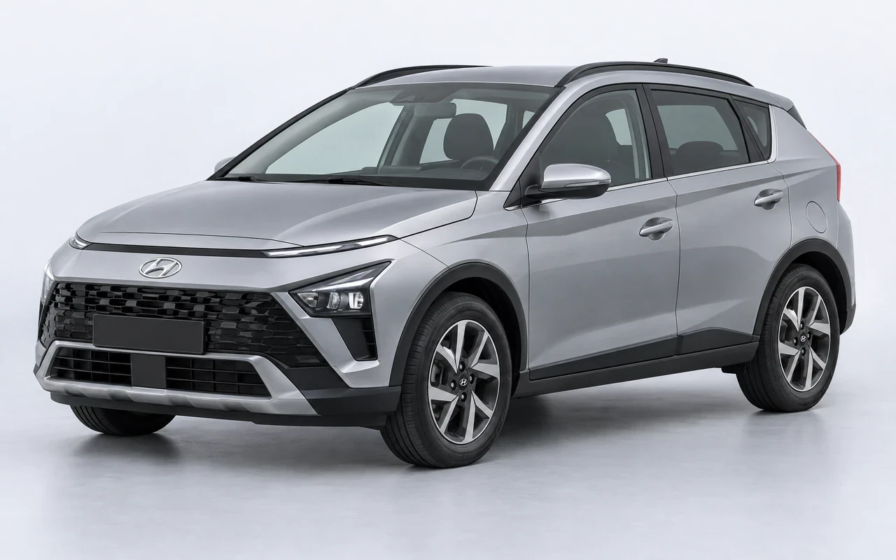 AI-genereret illustration af en sølvgrå Hyundai Bayon, set skråt forfra.