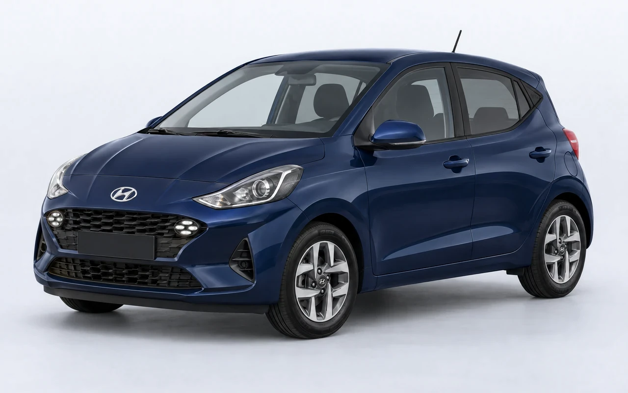 AI-genereret illustration af en mørkeblå Hyundai i10, set skråt forfra.