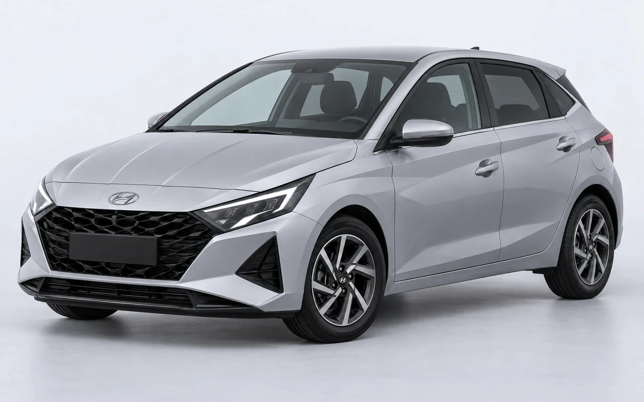 AI-genereret illustration af en sølvgrå Hyundai i20, set skråt forfra.