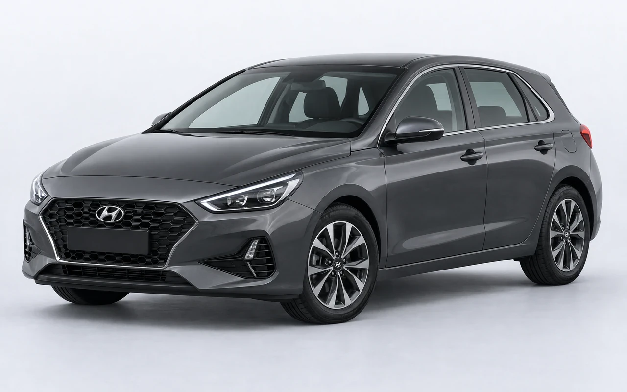 AI-genereret illustration af en mørkegrå Hyundai i30, set skråt forfra.