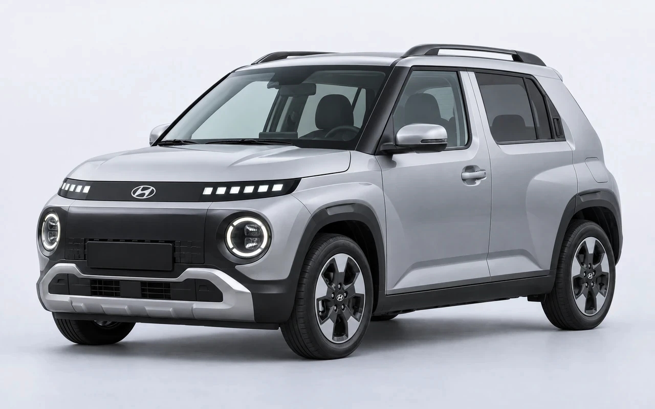 AI-genereret illustration af en sølvgrå Hyundai Inster, set skråt forfra.