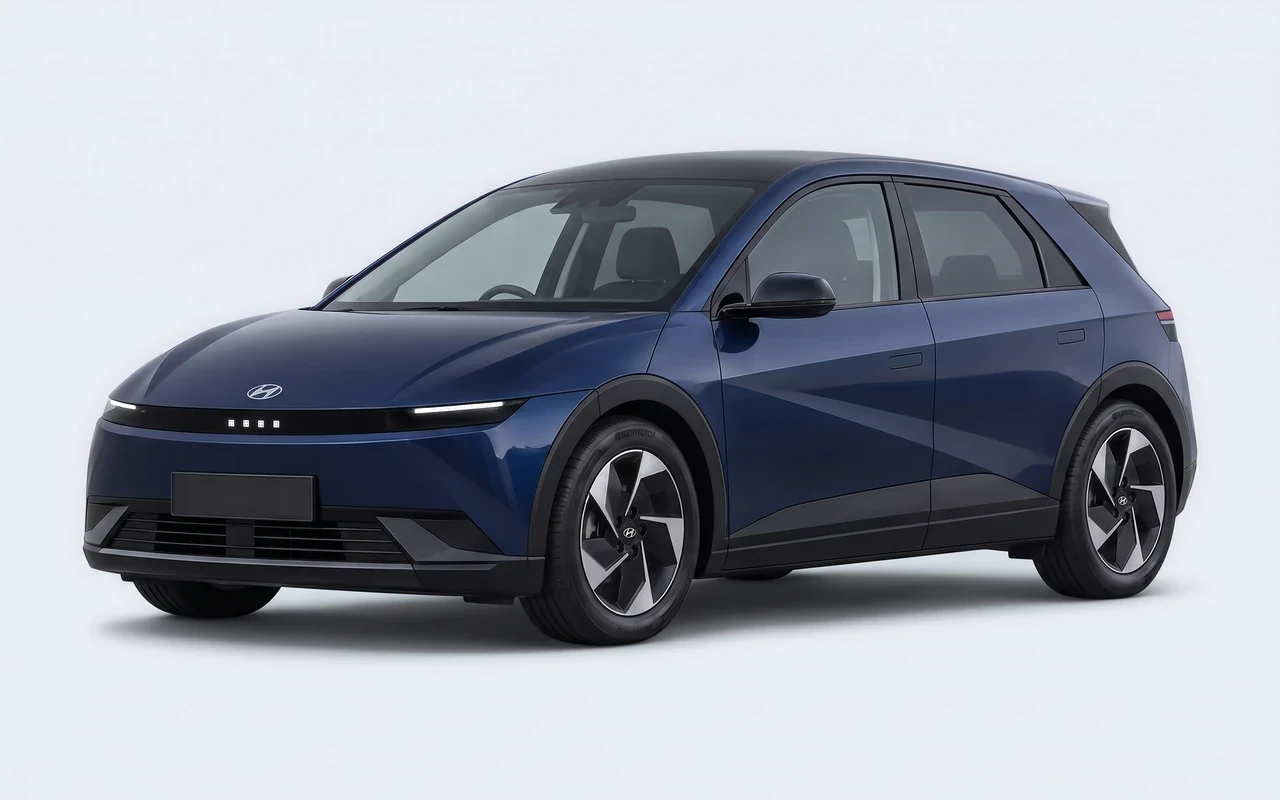 AI-genereret illustration af en mørkeblå Hyundai Ioniq 3, set skråt forfra.