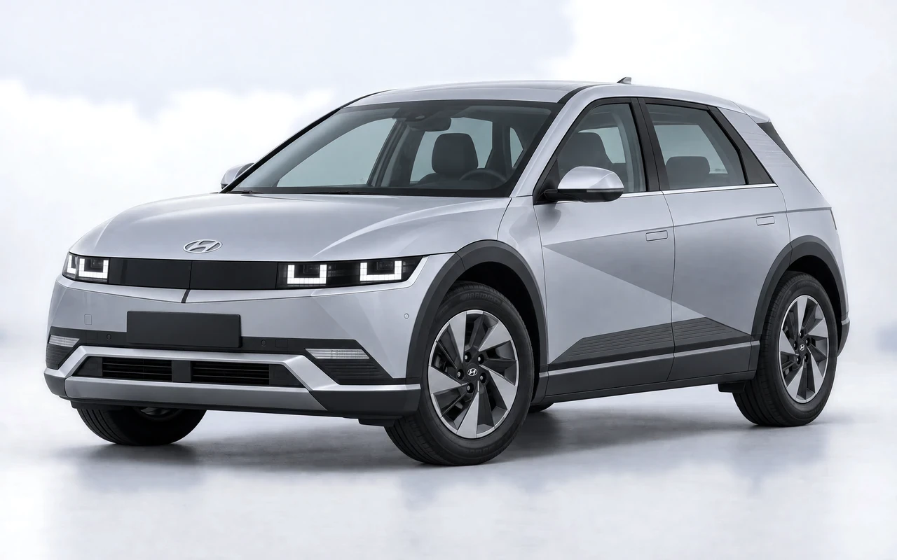 AI-genereret illustration af en sølvgrå Hyundai Ioniq 5, set skråt forfra.