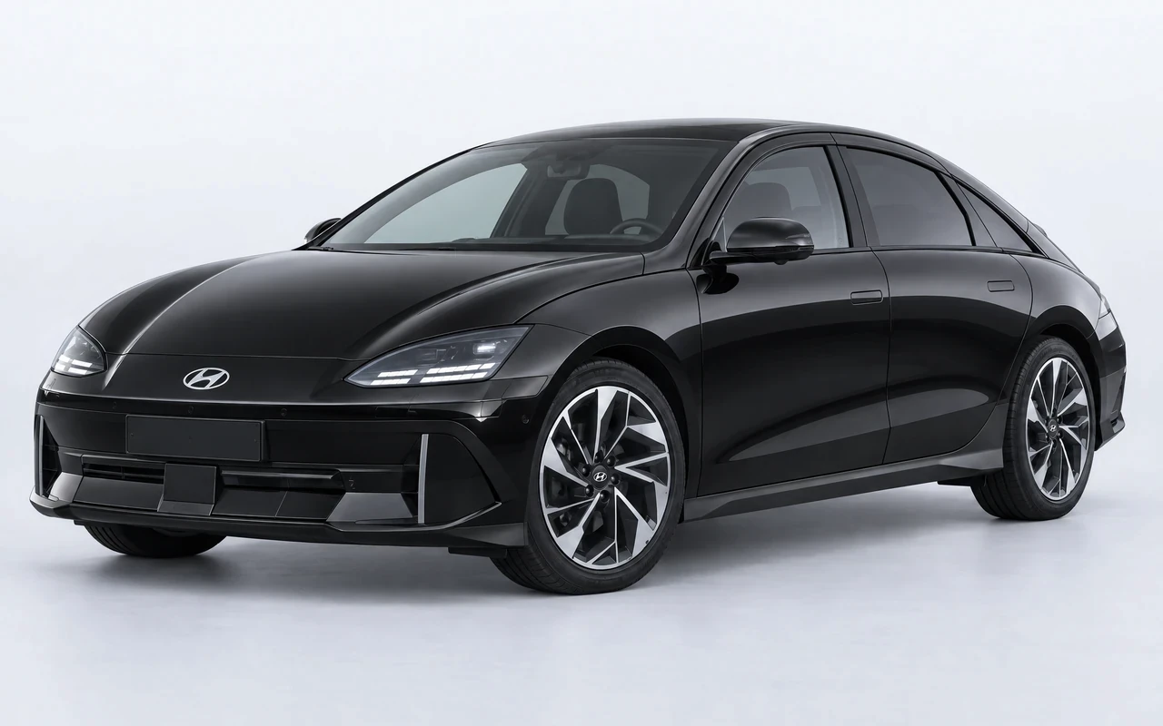 AI-genereret illustration af en sort Hyundai Ioniq 6 Long Range AWD, set skråt forfra.