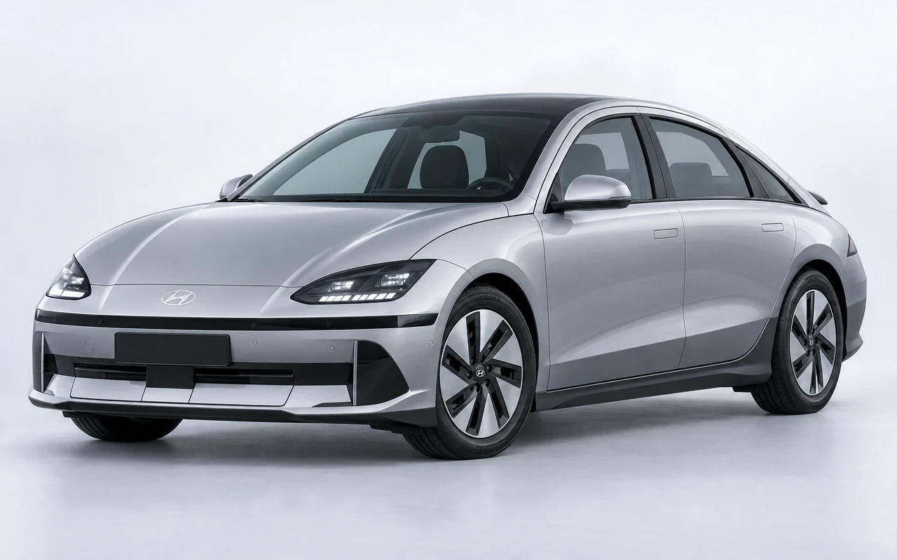 AI-genereret illustration af en sølvgrå Hyundai Ioniq 6, set skråt forfra.
