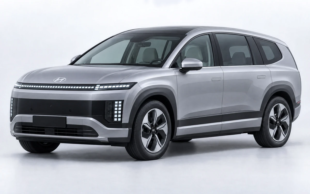 AI-genereret illustration af en sølvgrå Hyundai Ioniq 9, set skråt forfra.