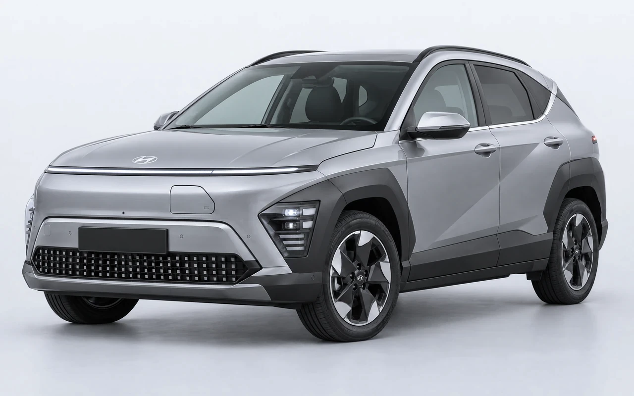 AI-genereret illustration af en sølvgrå Hyundai Kona Electric, set skråt forfra.