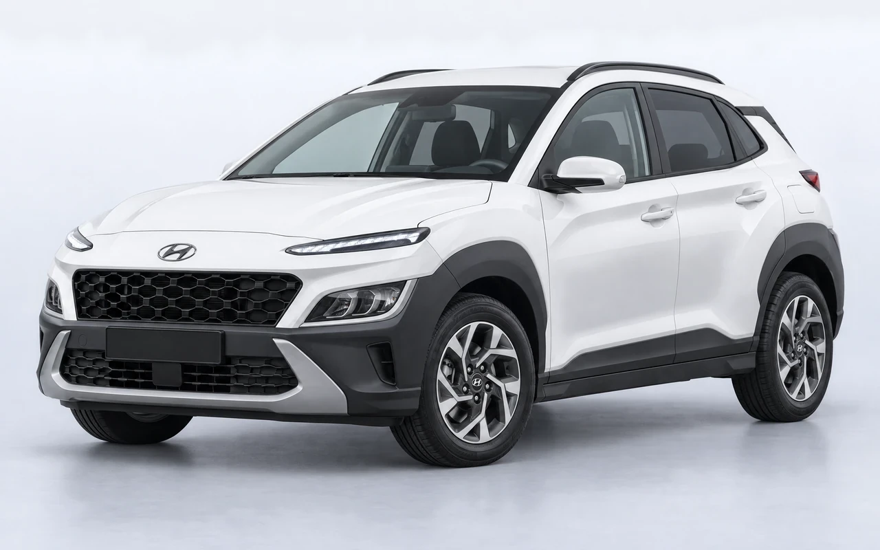 AI-genereret illustration af en hvid Hyundai Kona Hybrid, set skråt forfra.