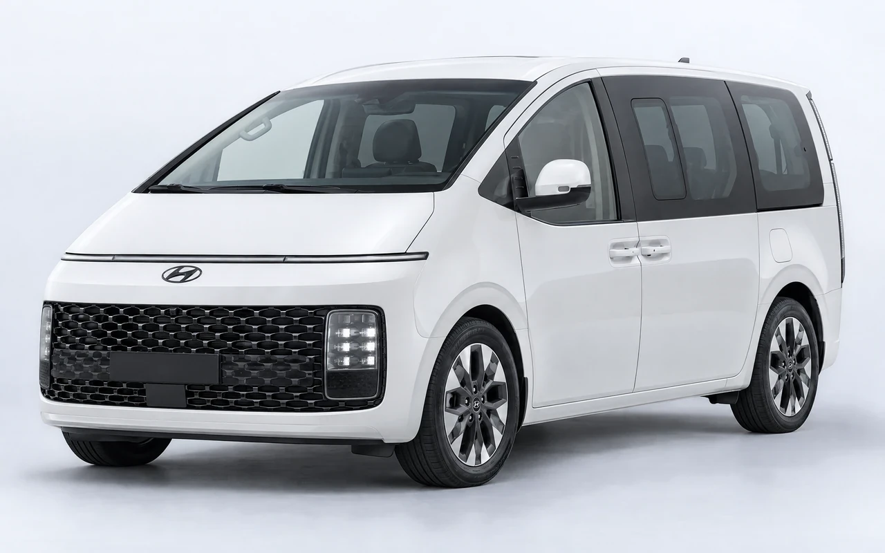 AI-genereret illustration af en hvid Hyundai Staria, set skråt forfra.