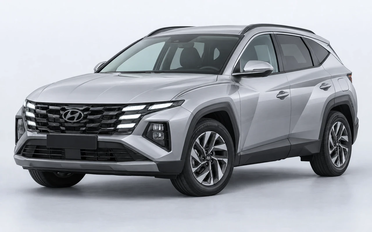 AI-genereret illustration af en sølvgrå Hyundai Tucson, set skråt forfra.