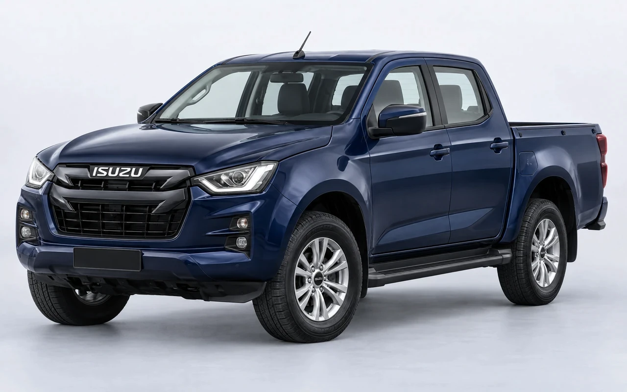 AI-genereret illustration af en mørkeblå Isuzu D-Max, set skråt forfra.