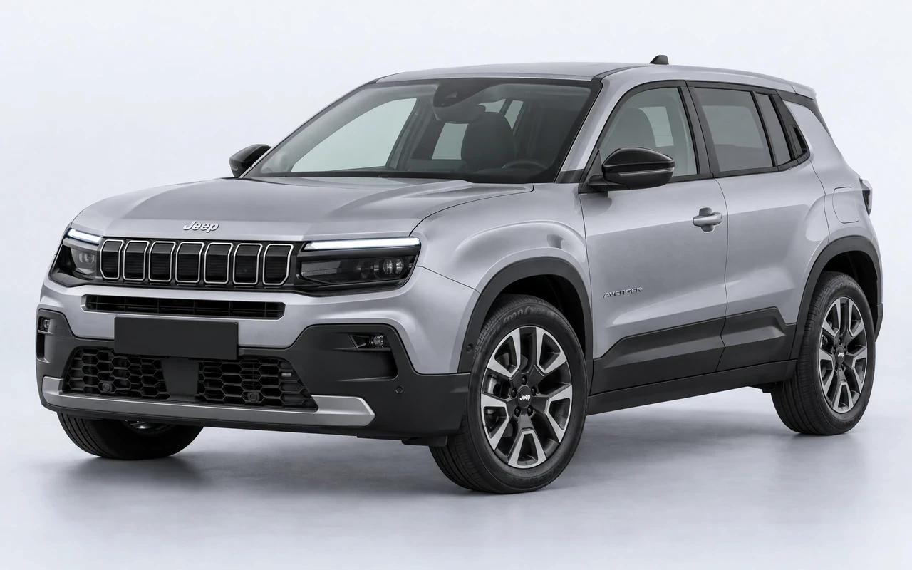 AI-genereret illustration af en sølvgrå Jeep Avenger, set skråt forfra.