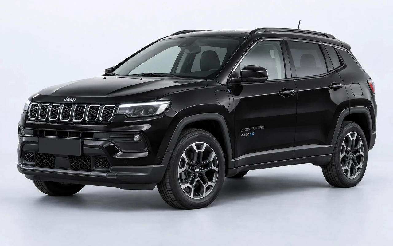 AI-genereret illustration af en sort Jeep Compass 4xe, set skråt forfra.