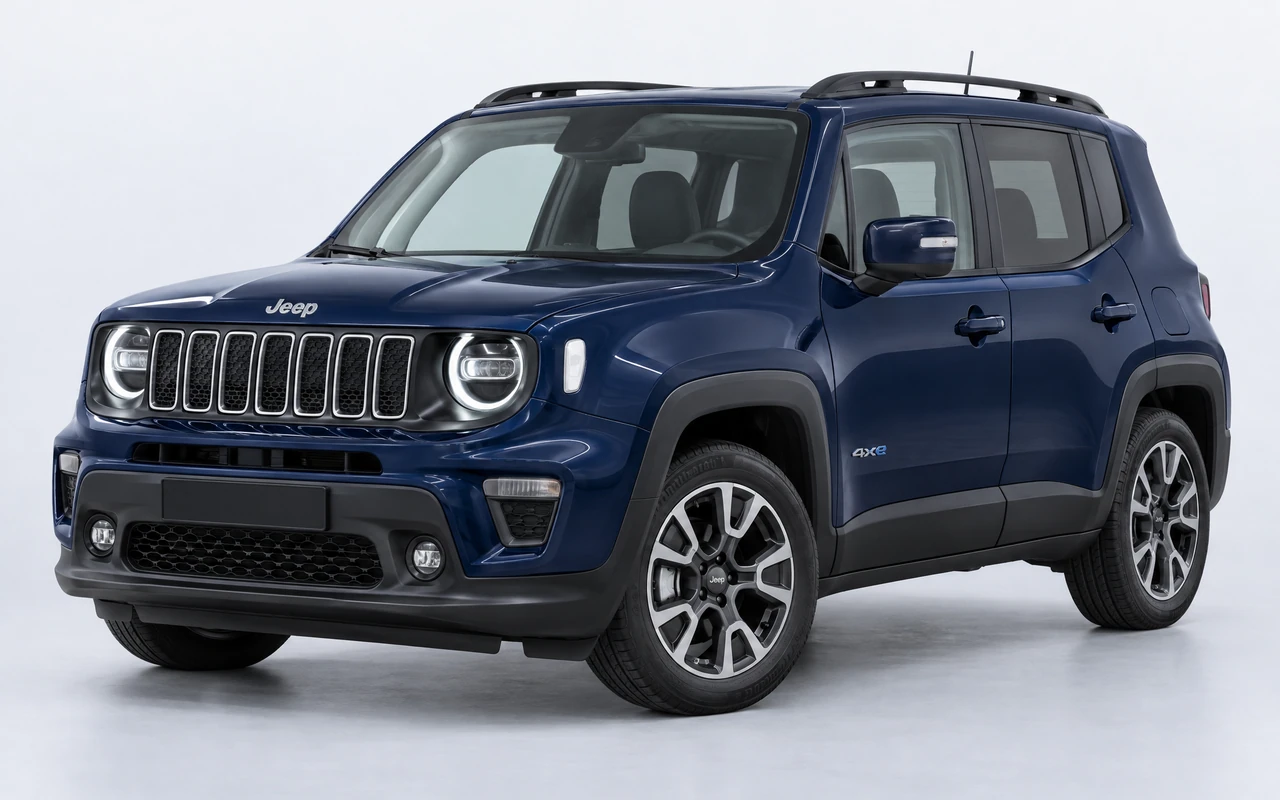 AI-genereret illustration af en mørkeblå Jeep Renegade 4xe, set skråt forfra.