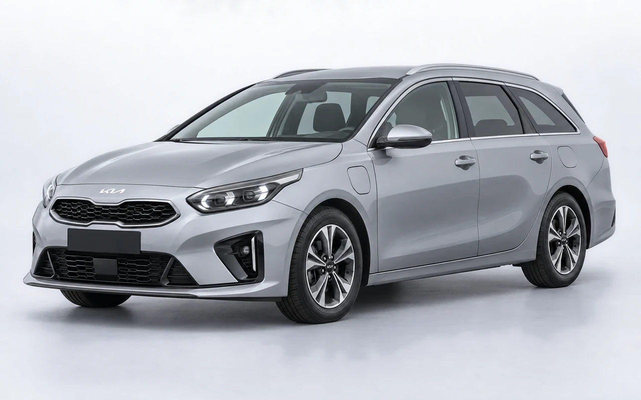 AI-genereret illustration af en sølvgrå Kia Ceed SW PHEV, set skråt forfra.