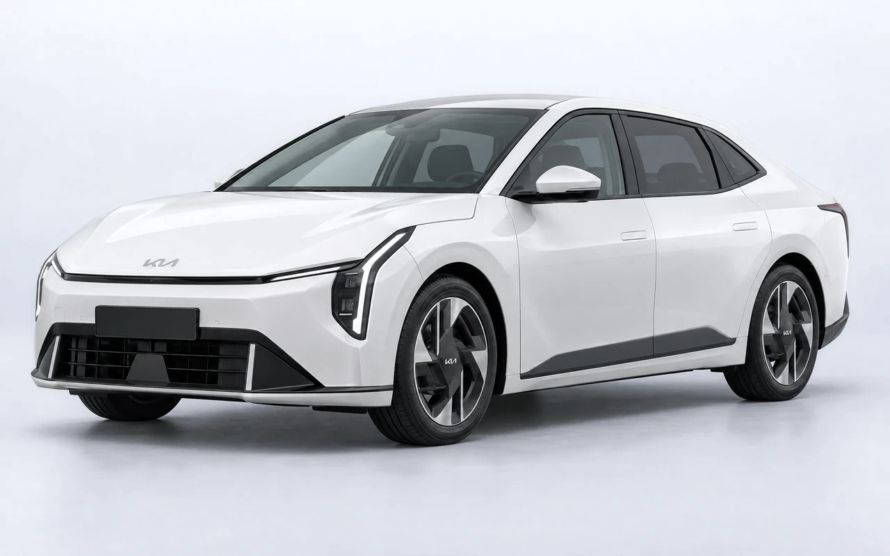 AI-genereret illustration af en hvid Kia EV4, set skråt forfra.