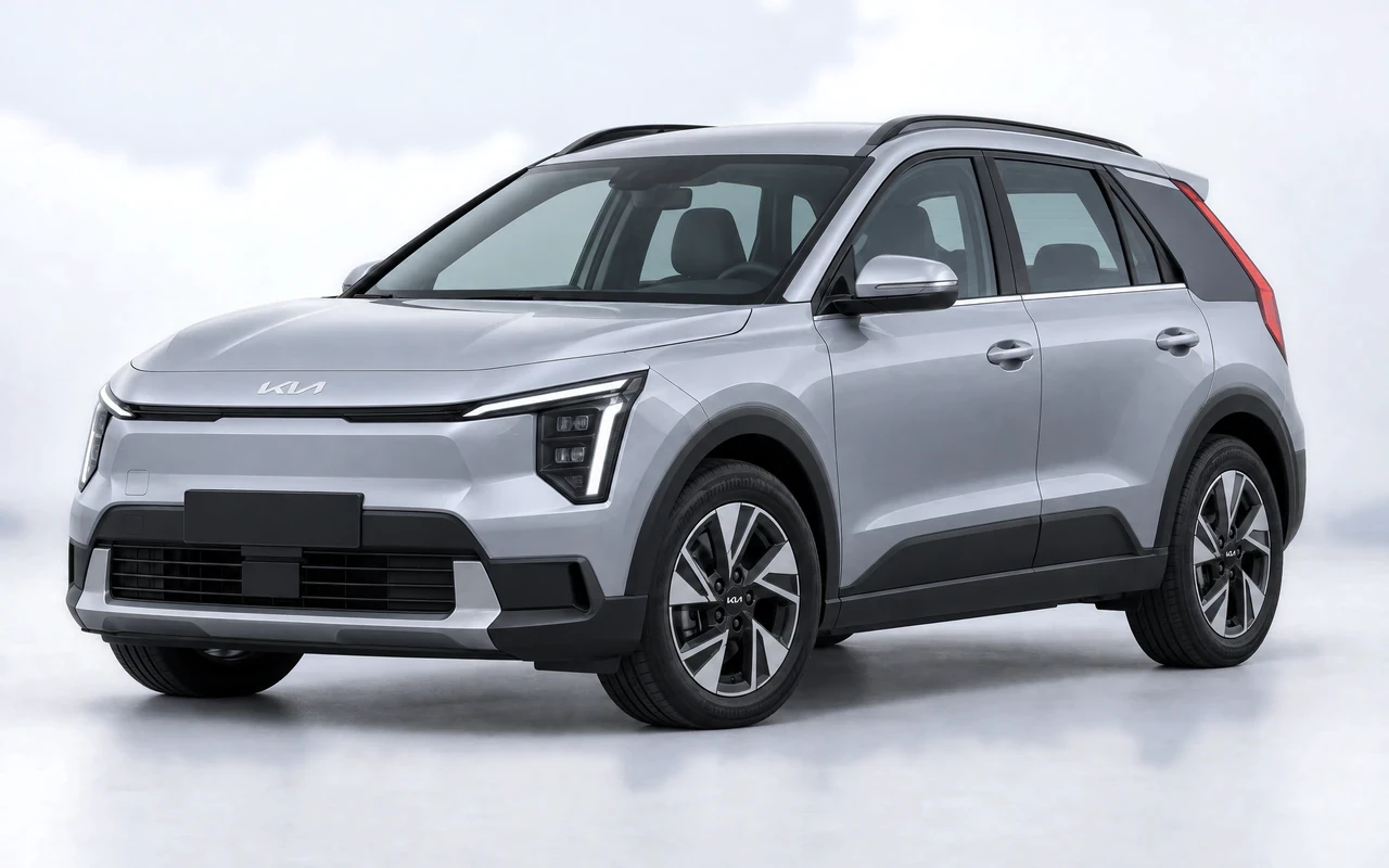 AI-genereret illustration af en sølvgrå Kia Niro EV, set skråt forfra.