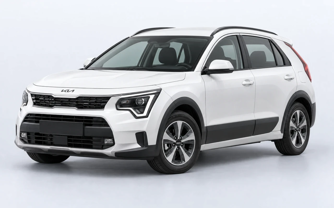 AI-genereret illustration af en hvid Kia Niro Hybrid, set skråt forfra.