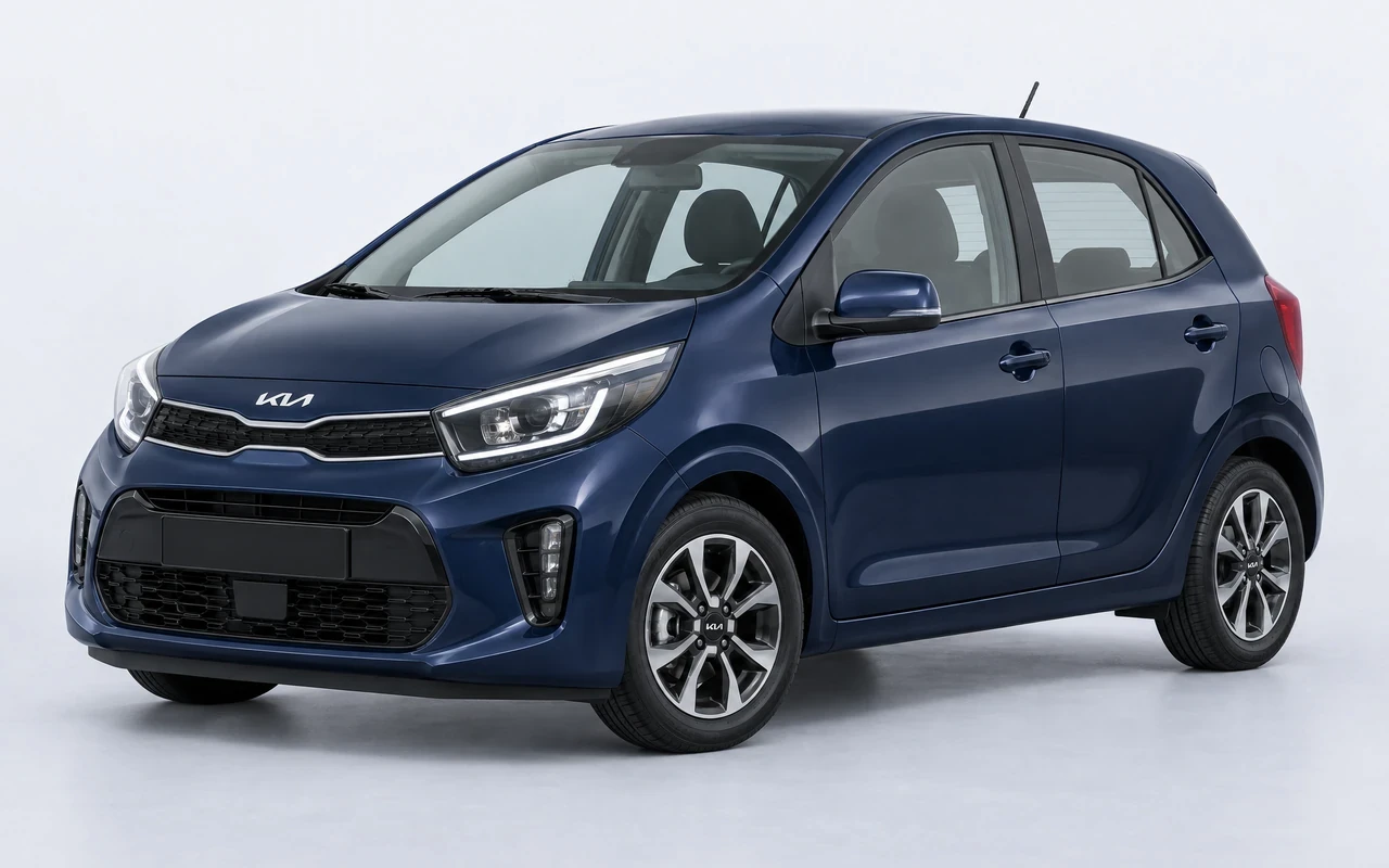 AI-genereret illustration af en mørkeblå Kia Picanto, set skråt forfra.