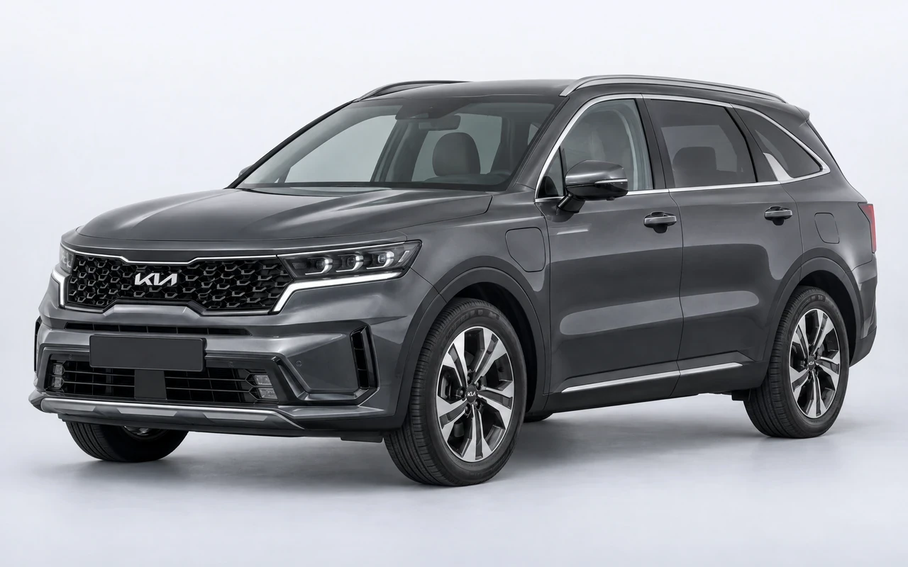 AI-genereret illustration af en mørkegrå Kia Sorento Plug-in Hybrid, set skråt forfra.