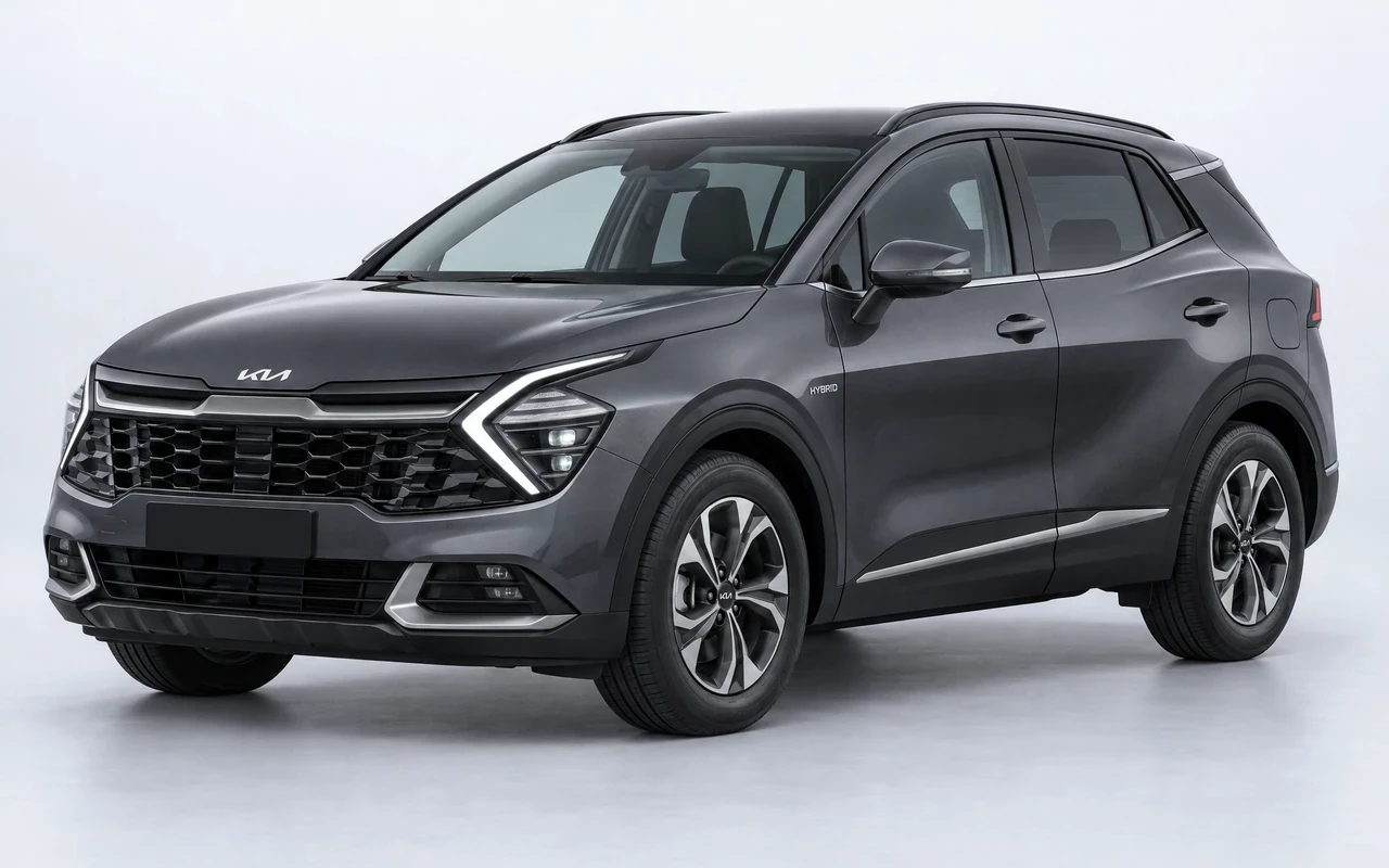 AI-genereret illustration af en mørkegrå Kia Sportage Hybrid, set skråt forfra.