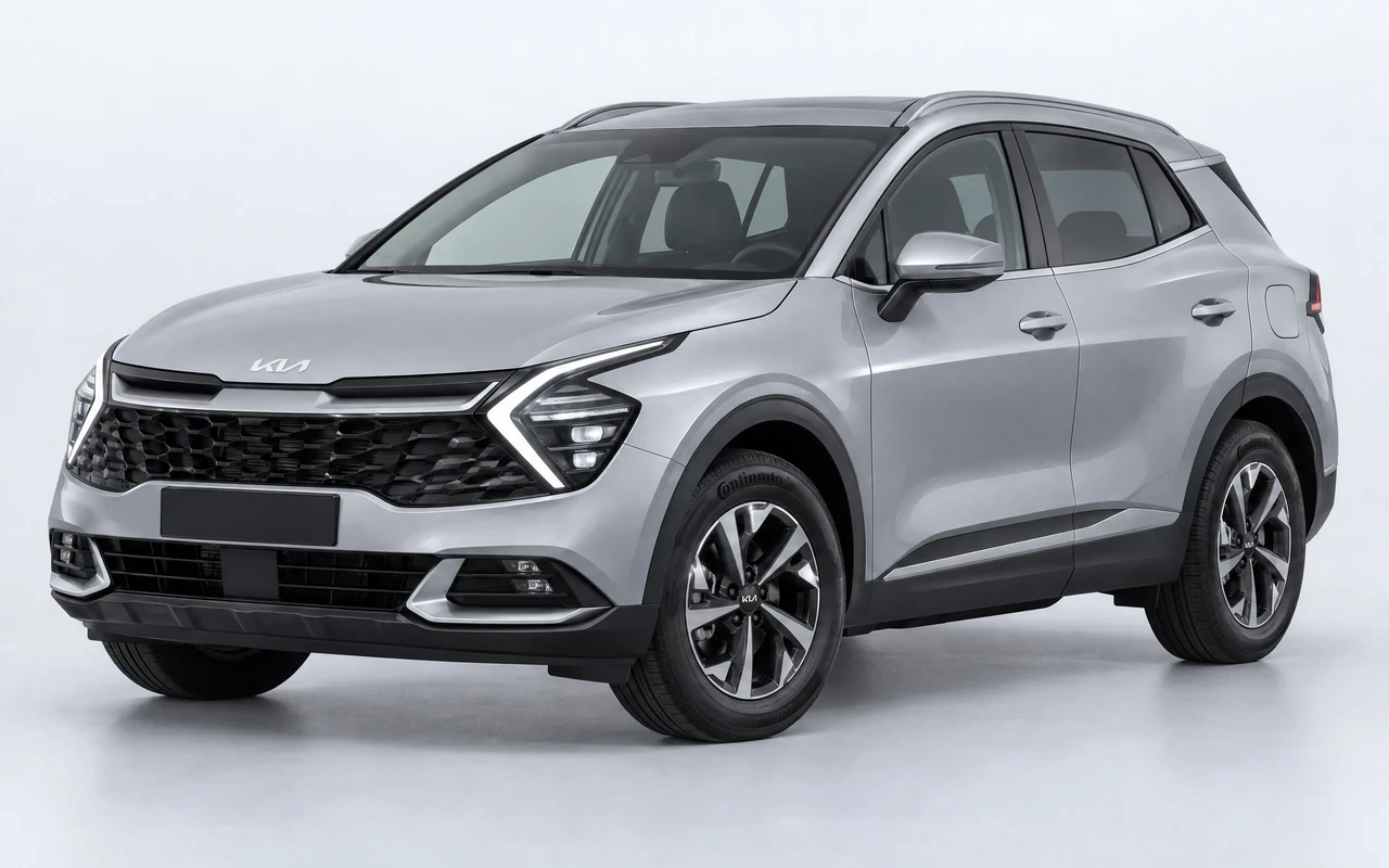 AI-genereret illustration af en sølvgrå Kia Sportage PHEV, set skråt forfra.