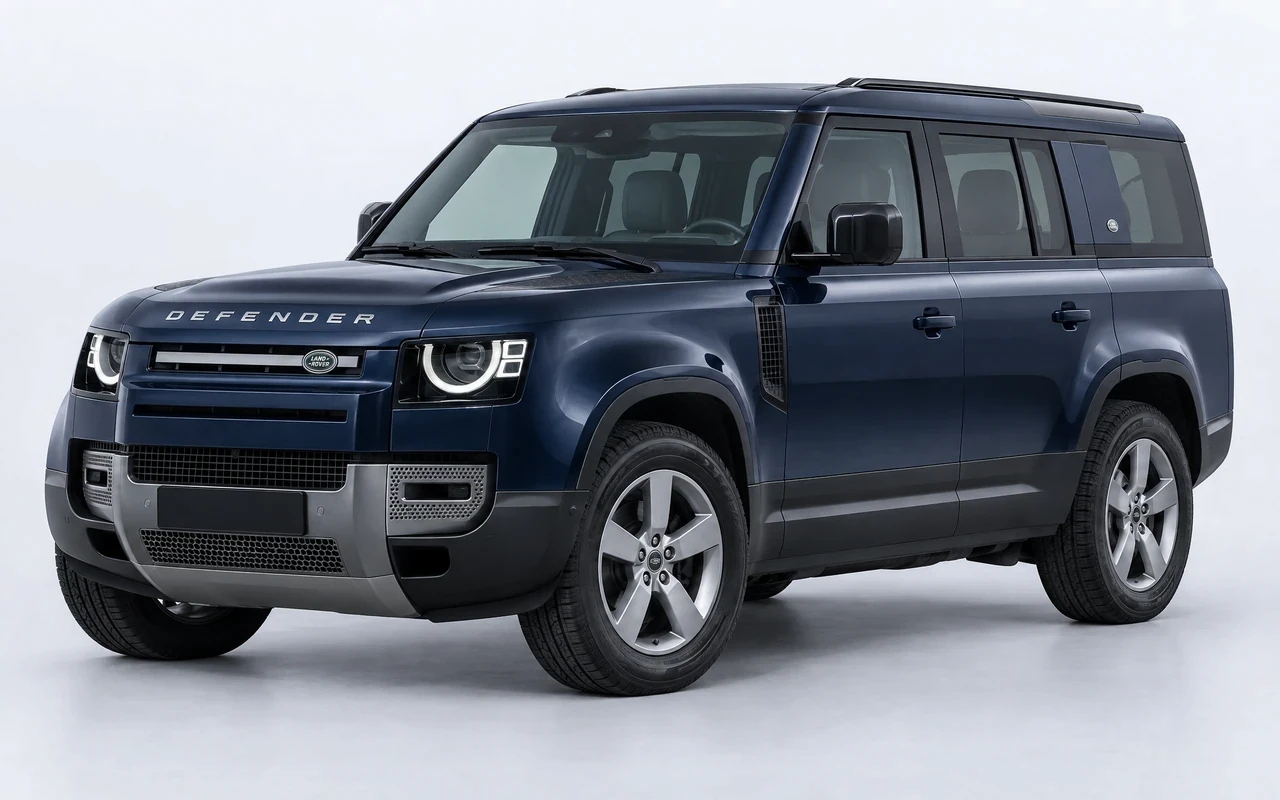 AI-genereret illustration af en mørkeblå Land Rover Defender 110, set skråt forfra.