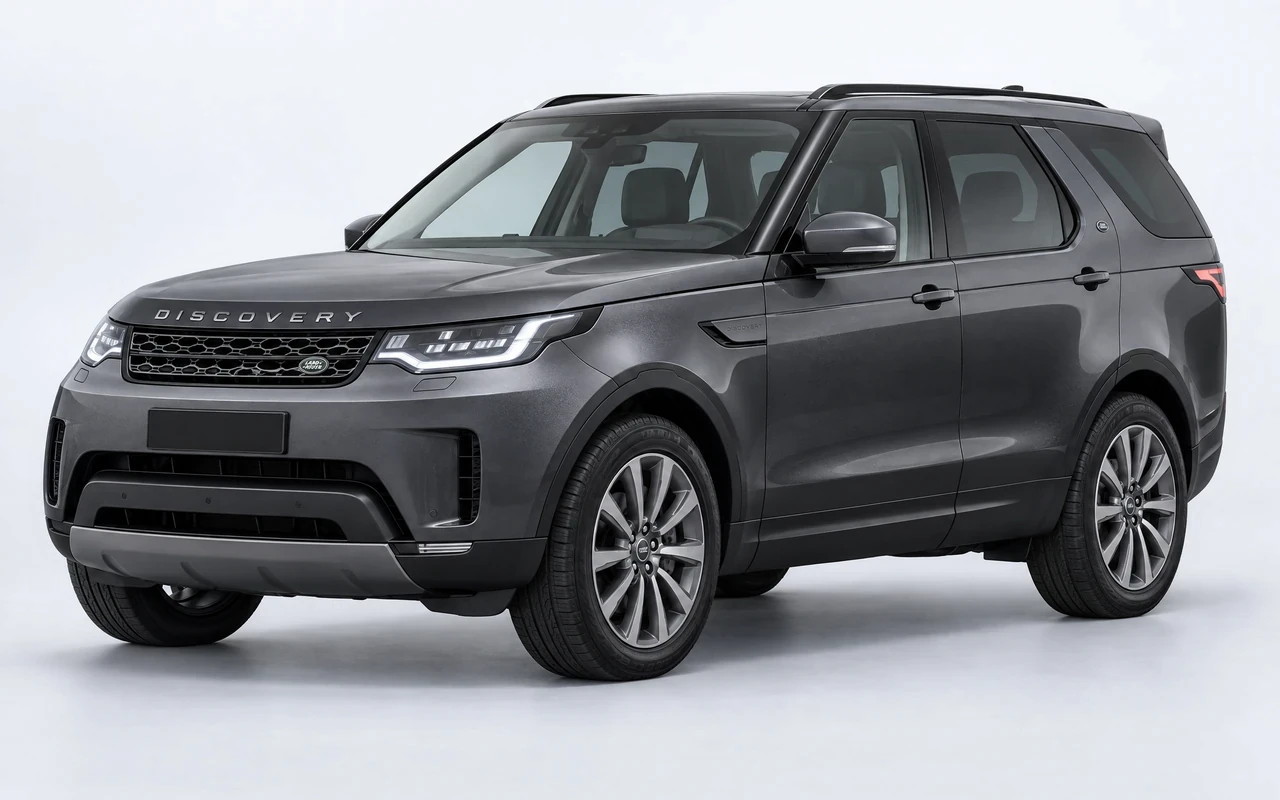 AI-genereret illustration af en mørkegrå Land Rover Discovery, set skråt forfra.
