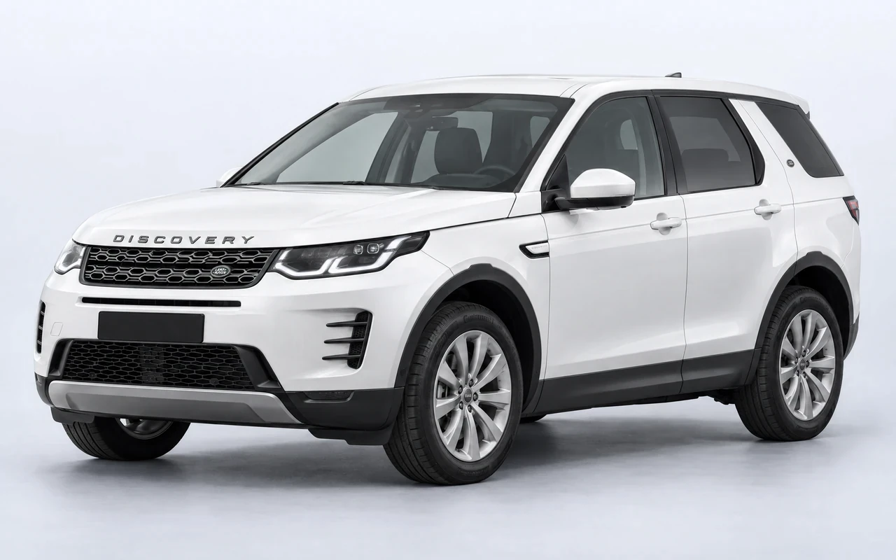 AI-genereret illustration af en hvid Land Rover Discovery Sport, set skråt forfra.
