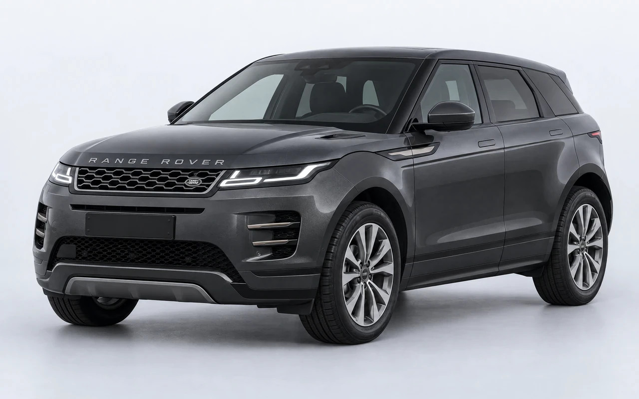 AI-genereret illustration af en mørkegrå Land Rover Range Rover Evoque, set skråt forfra.