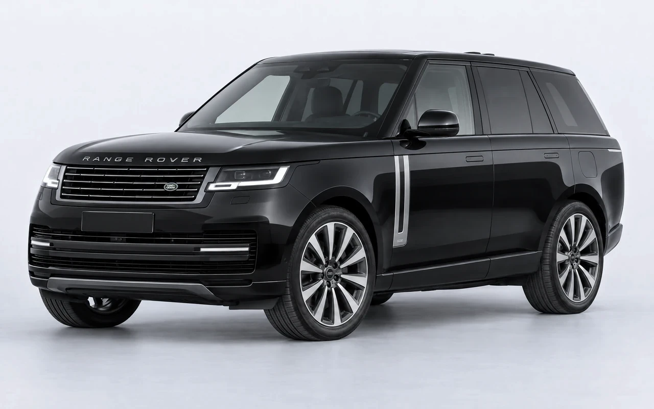 AI-genereret illustration af en sort Land Rover Range Rover, set skråt forfra.