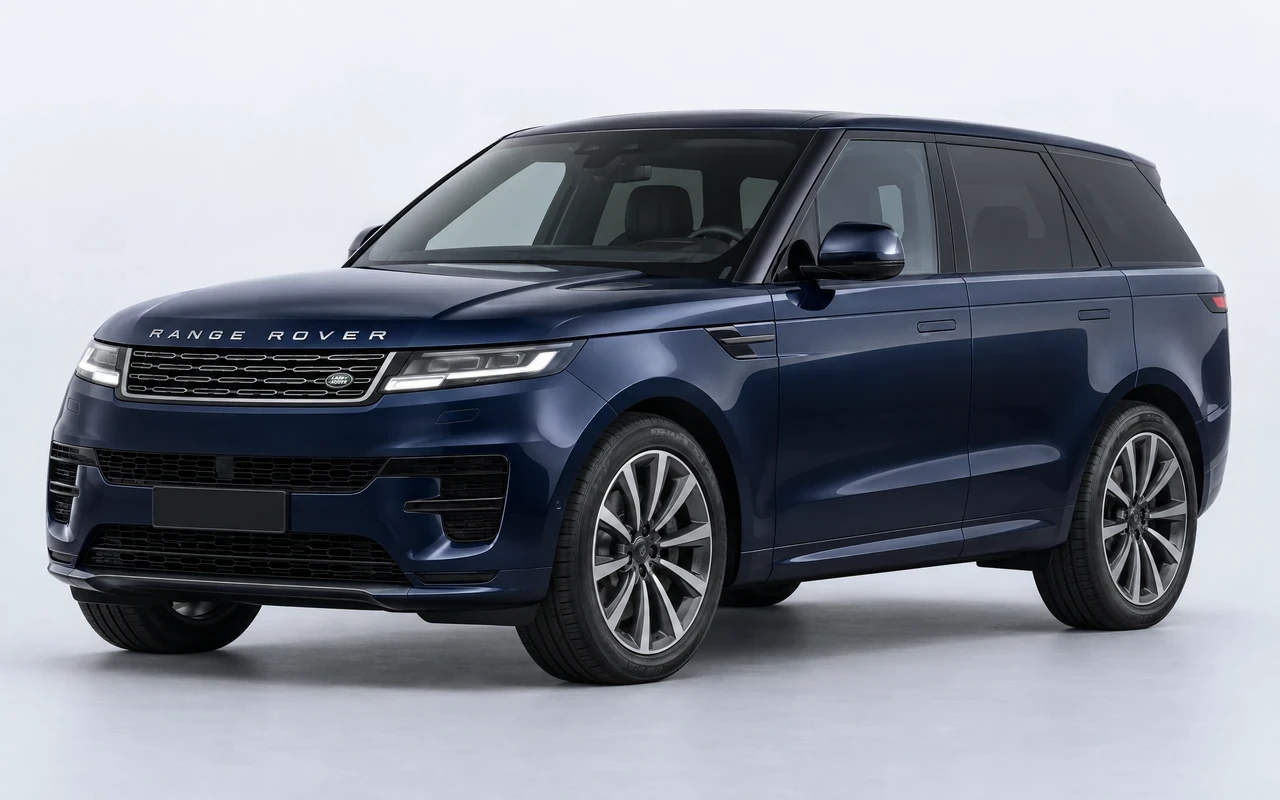AI-genereret illustration af en mørkeblå Land Rover Range Rover Sport, set skråt forfra.