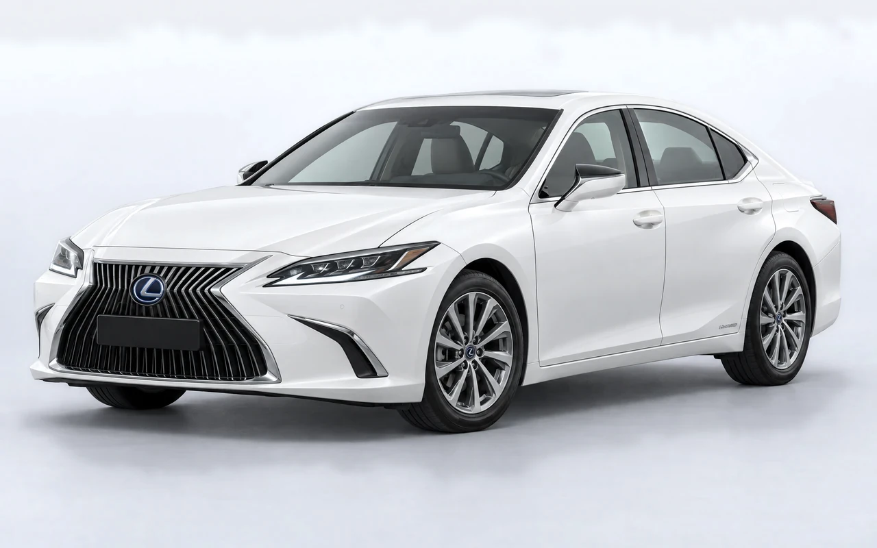 AI-genereret illustration af en hvid Lexus ES, set skråt forfra.