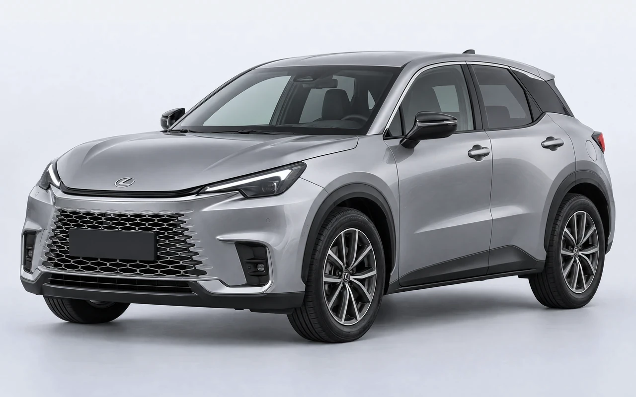 AI-genereret illustration af en sølvgrå Lexus LBX, set skråt forfra.