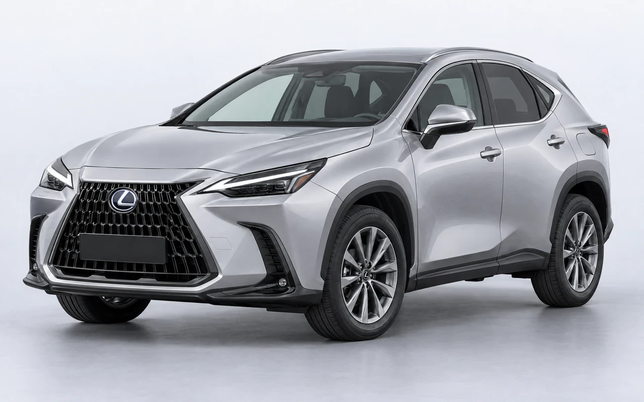 AI-genereret illustration af en sølvgrå Lexus NX 350h, set skråt forfra.