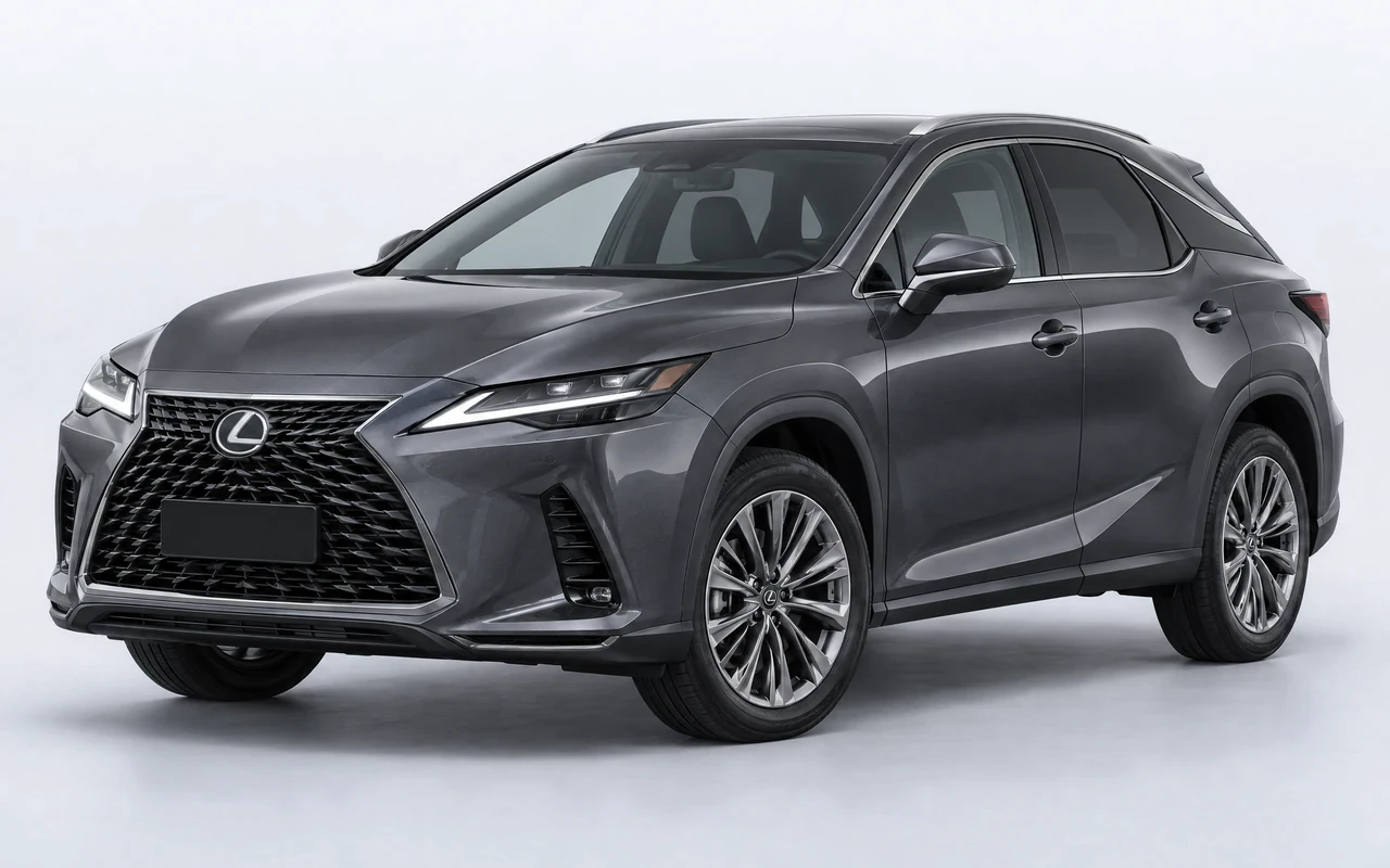 AI-genereret illustration af en mørkegrå Lexus RX 350h, set skråt forfra.