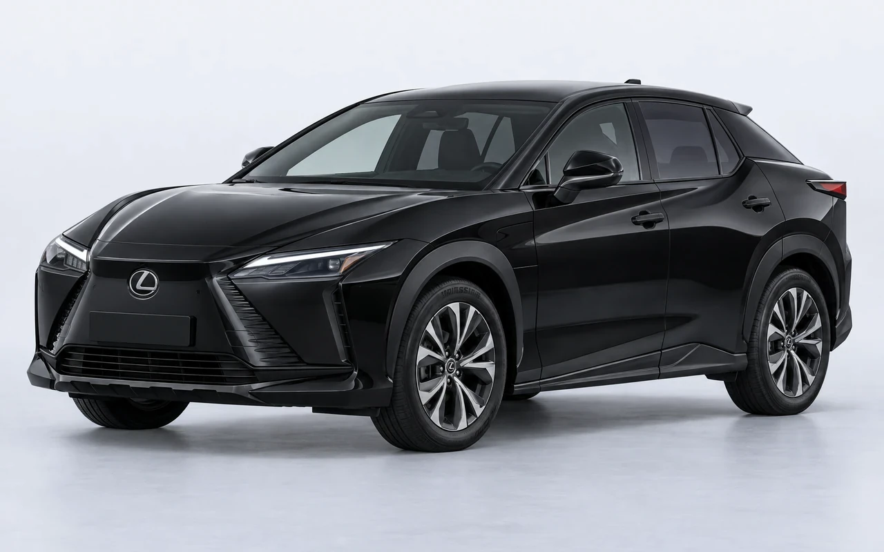 AI-genereret illustration af en sort Lexus RZ 350e, set skråt forfra.