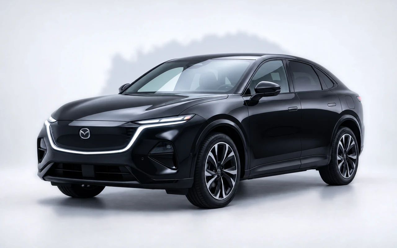 AI-genereret illustration af en sort Mazda CX-6e, set skråt forfra.