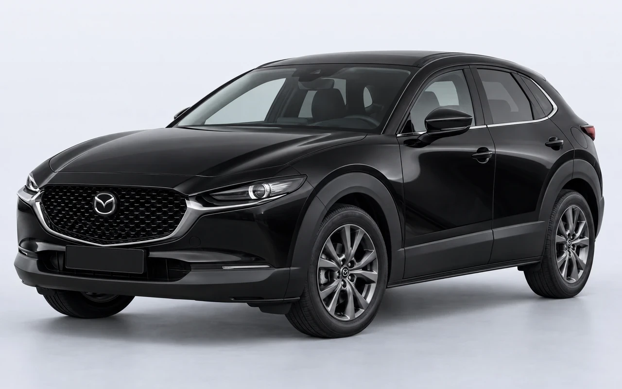 AI-genereret illustration af en sort Mazda CX-30, set skråt forfra.